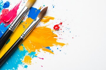 Brushes and vibrant paint splashes create a colorful artistic workspace on a tabletop ready for creativity