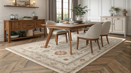 A cozy rug with subtle patterns lies beneath the dining table adding warmth and comfort to the space. Its muted colors complement the wood tones and blend seamlessly with the