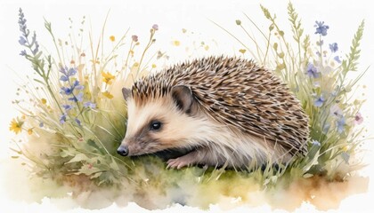 Fototapeta premium A detailed illustration showcases a hedgehog getting ready for hibernation in a vibrant, lush meadow as autumn leaves begin to fall, creating a picturesque seasonal scene