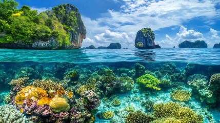 A beautiful coastal ecosystem with thriving marine life and clear water