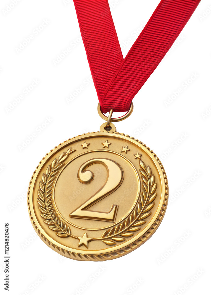 Poster gold medal for second prize winner with red ribbon, 2nd. isolated on transparent background with a c