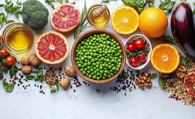 healthy food, fruits, vegetables, cereals, nuts. oils, natural light with white background 