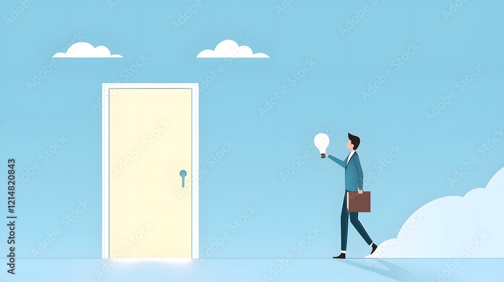 Poster Professional Standing in Front of Illuminated Doorway Symbolizing New Career Chances and Future   Conceptual Image of a Man Facing a Metaphorical Doorway to New Opportunities and