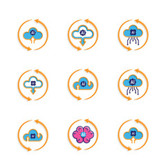 ai icon set. brain and artificial intelligence with circle arrow. Brain design and chip in the middle. Education, technology. colored flat design style