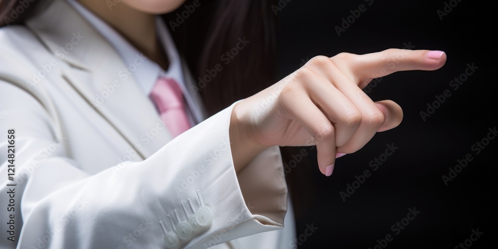 Poster female instructor gesturing during a lecture in a classroom setting.