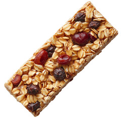 Granola bar with pieces of dried berries and fruits, isolated on a transparent background