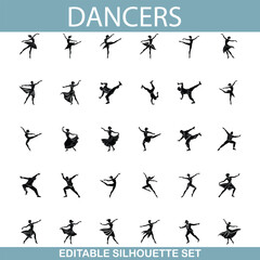 Editable Silhouette Set of Diverse Dancing Figures