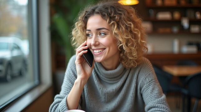 Mulher cacheada loira de neg&oacute;cios falando ao telefone e em cafeteria