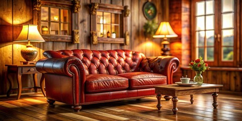 Fototapeta premium Comfortable Rustic Red Leather Sofa in Cozy Living Room - Tilt-Shift Photography
