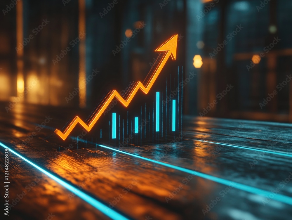 Poster an image illustrating financial data and stock market performance with a bar chart and an upward tre