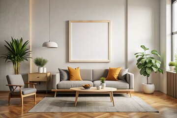 Contemporary Minimalist Living Room Interior with Blank Square Frame Mockup - White Wall, Modern Design