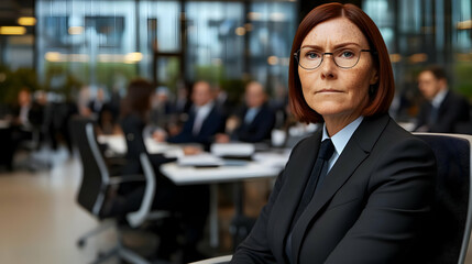 Confident Businesswoman Sits in Boardroom During a Meeting, Observing Colleagues.