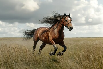 Brown horse galloping through tall grass under a cloudy sky.