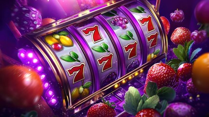 Dynamic slot machine highlighting winning sevens amidst lively fruit symbols.