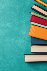A colorful array of books stacked on a teal background, showcasing various sizes and textures, accompanied by stationery like a pencil and pen.