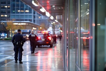 Two police officers attend to an incident on a bustling city street at night, showcasing their commitment to safety and law enforcement in urban environments.
