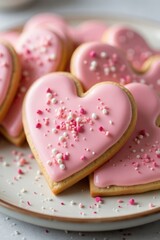Heart-Shaped Cookie with Pink Icing and Sprinkles on Ceramic Plate, Homemade Sweet Dessert, Valentine's Day Baking Concept.
