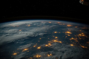 Obraz premium Night Earth orbit view, city lights, space station, clouds, global