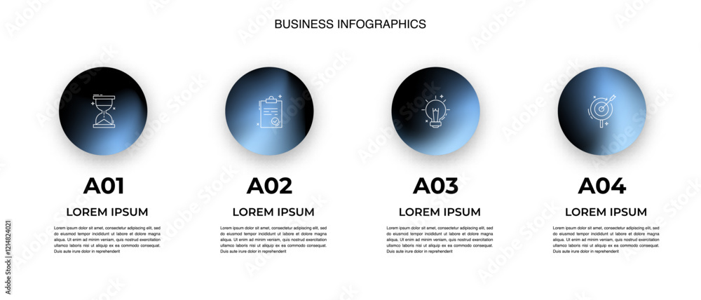 Aufkleber modern business infographic with gradient circular icons – four steps workflow template.