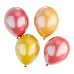 Four colorful balloons in shades of red, yellow, and orange, floating cheerfully against a plain background.