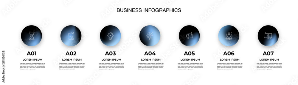 Poster modern business infographic with gradient circular icons – seven steps workflow template.