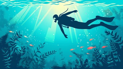 Fototapeta premium Underwater Diver Swimming Activity Vector Illustration