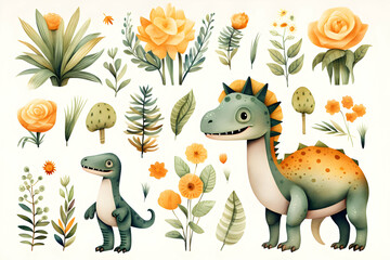 Obraz premium Cute Dinosaurs and Floral Elements Illustration Set on White Background.