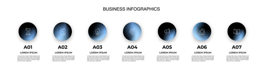 Modern Business Infographic with Gradient Circular Icons – seven Steps Workflow Template.