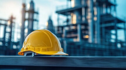 Bright Yellow Hard Hat Resting on Table with Industrial Background
