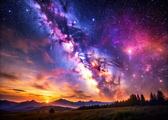 Obraz premium Cosmic Nebula: Purple Stardust Galaxy, Bright Stars, Milky Way Texture - Magical Night Sky Landscape