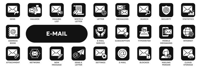 Set of vector solid icons related to e-mail, messaging and communication, postal service. Symbols for website or app ui, logo design, illustration
