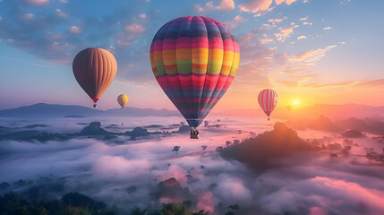 Naklejka premium Hot air balloons soar over a misty landscape at sunrise, creating a breathtaking view.