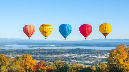 Fototapeta premium Five Colorful Hot Air Balloons Soar Over a Scenic Autumn Landscape with a River.