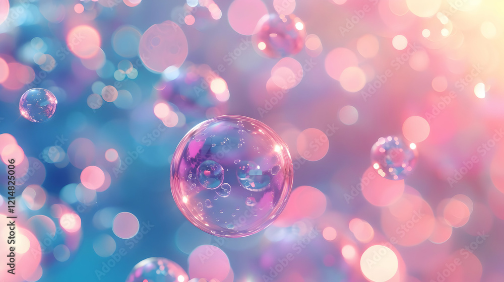 Poster 3d transparent bubbles floating on a dreamy pastel background with bokeh effect