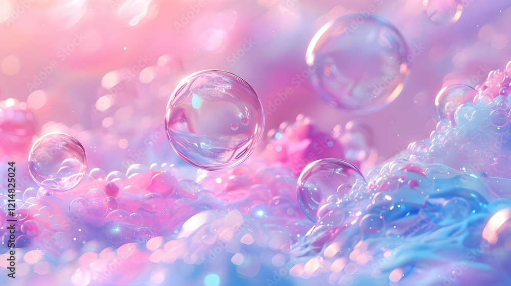 Poster abstract 3d render of iridescent soap bubbles floating over a pastel background with bokeh effects.
