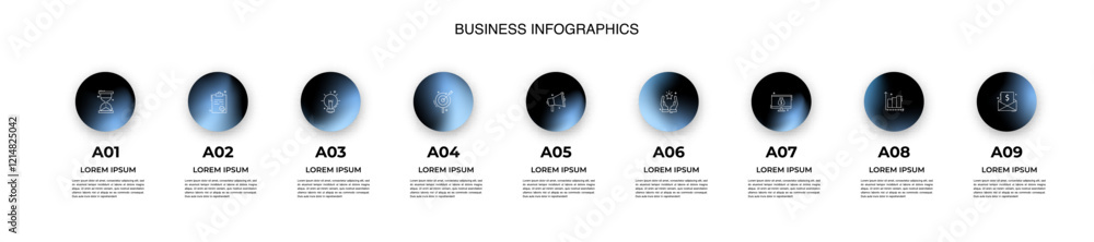 Aufkleber modern business infographic with gradient circular icons – 9 steps workflow template.