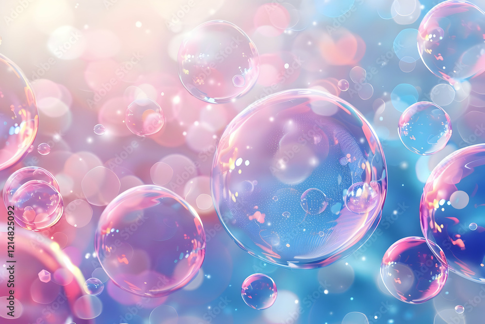 Poster floating soap bubbles create dreamlike pastel background with light bokeh effects