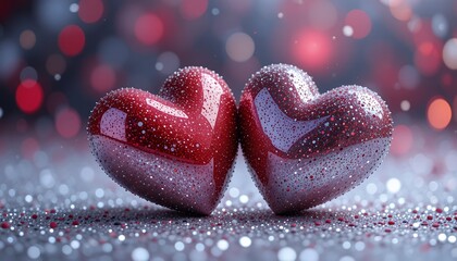 Fototapeta premium Two Red Glittery Hearts with Water Drops Romantic Background