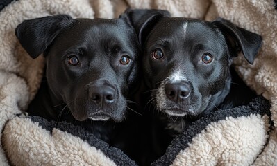 Two Adorable Black Dogs Cuddled Together in a Soft, Cozy Blanket, Showing Affection and Companionship, Perfect for Pet Lovers and Animal Lovers Alike