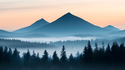 Naklejka premium Serene Mountain Landscape with Misty Peaks at Sunrise for Backgrounds