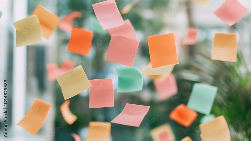 Aufkleber colorful sticky notes floating in air create vibrant and dynamic atmosphere, symbolizing creativity 