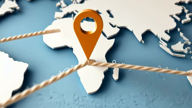 World map with a location pin highlighting a specific area connected by strings.

