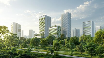 A vibrant cityscape showcases modern skyscrapers amidst lush greenery, reflecting the harmony between nature and urban architecture.