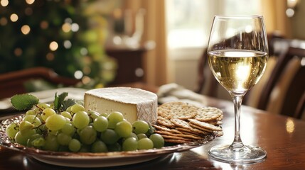 A glass of wine placed beside a cheese platter, with grapes and crackers on a dining table