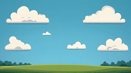 Fototapeta premium Idyllic Blue Sky with Fluffy Clouds over Open Grassy Field Scenery