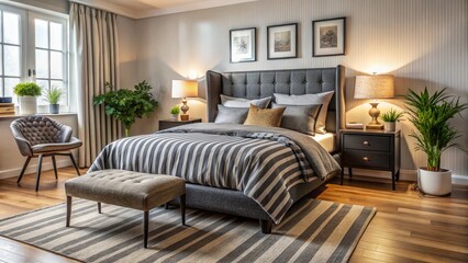 Fototapeta premium Cozy Bedroom Interior: Charcoal Striped Bed, Natural Light, Plush Rug