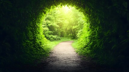 Sunlit Forest Pathway Surrounded by Lush Green Trees and Natural Scenery