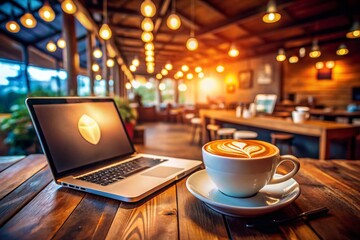 Cozy Cafe: Laptop, Latte Art, and Coffee Shop Ambiance - Stock Photo