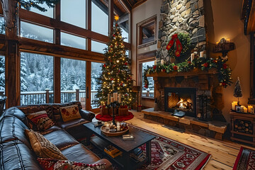 Cozy Living Room Decorated for Christmas with a Lit Fireplace and Snowy View