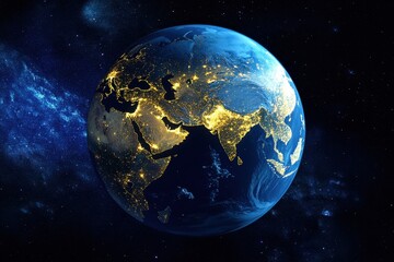 Fototapeta premium Night Earth, glowing cities, space, Milky Way, planet, background, global, environment, illustration, education